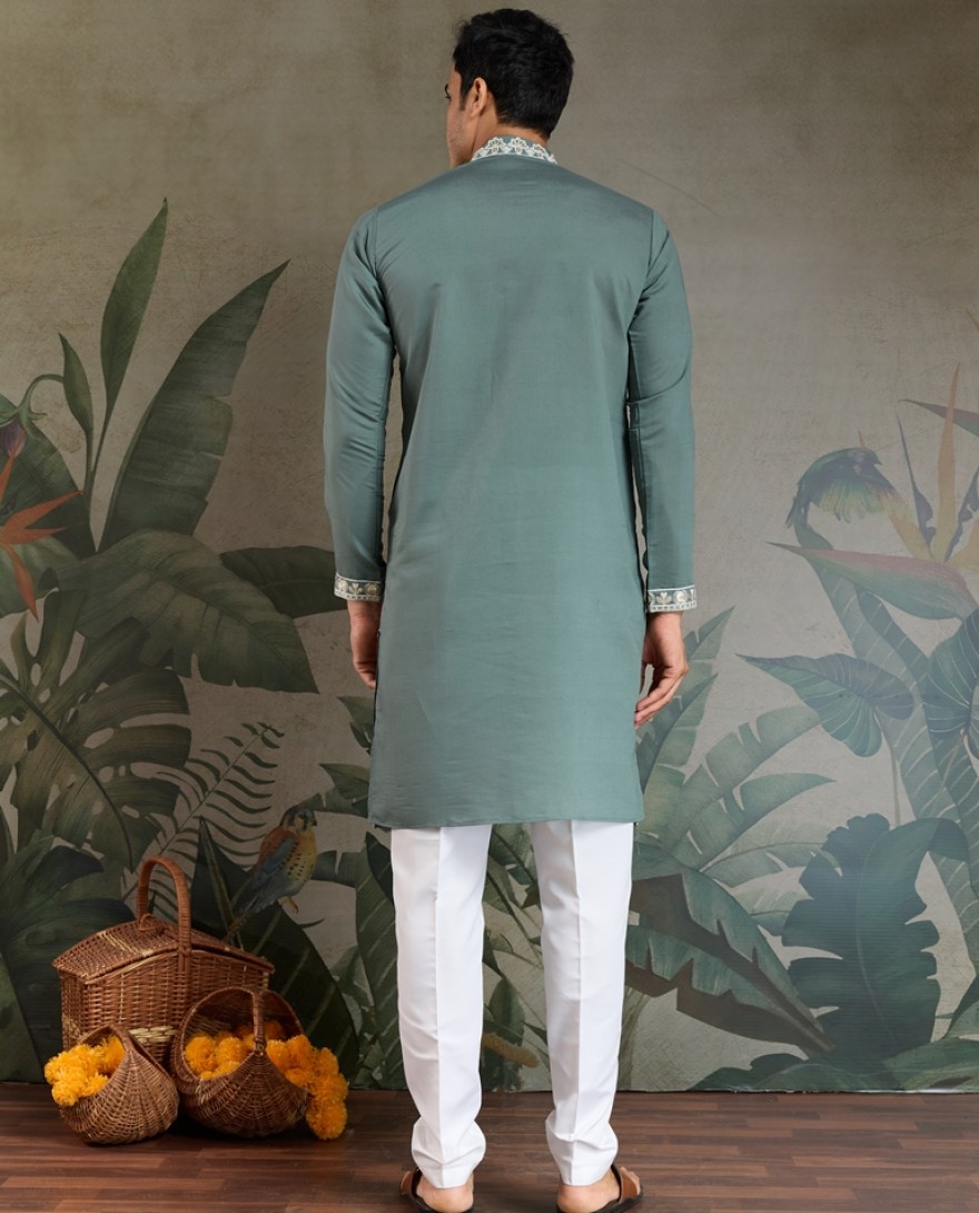 61323-green - Pista Green Thread & Sequence Hand Embroidered Men’s Kurta Set